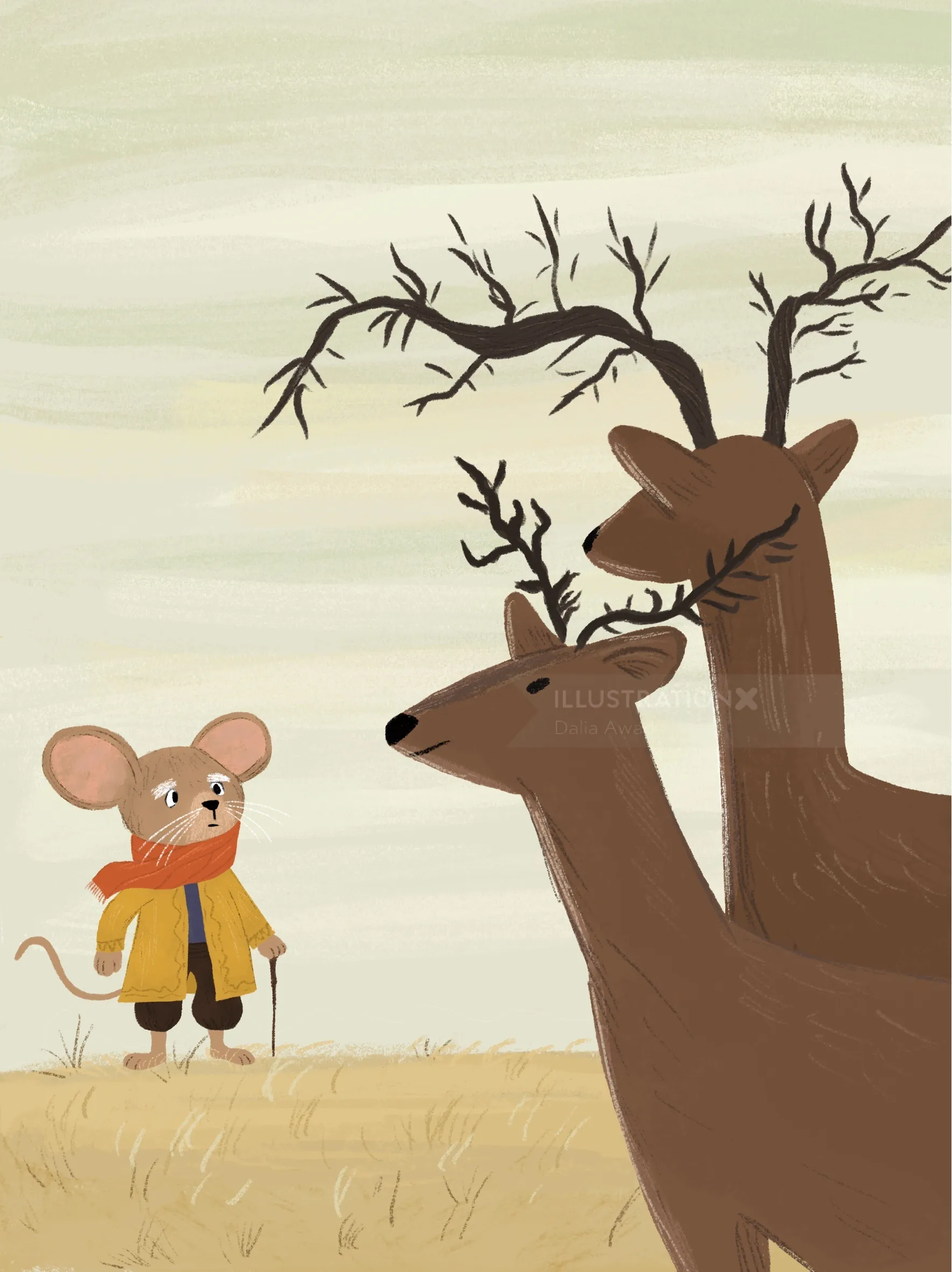 Mouse in winter clothing facing two deer near a bare tree by Dalia Awad