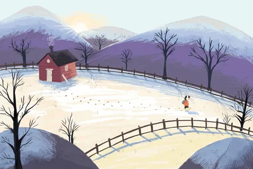 Snowy landscape with red cabin, child playing, and leafless trees by Dalia Awad