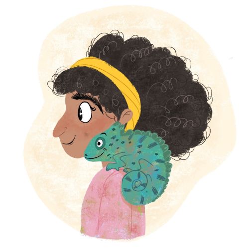 Girl with curly hair and yellow headband with chameleon on her shoulder by Dalia Awad