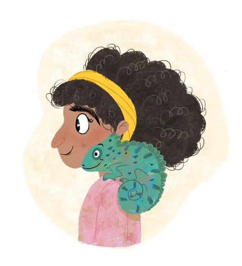 Girl with curly hair and yellow headband with chameleon on her shoulder by Dalia Awad