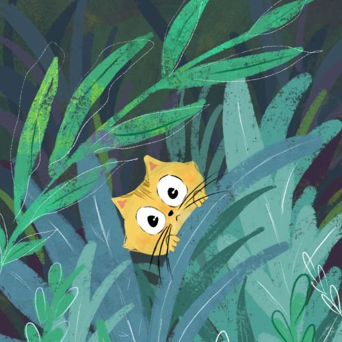 Cat peeking through green foliage by Dalia Awad