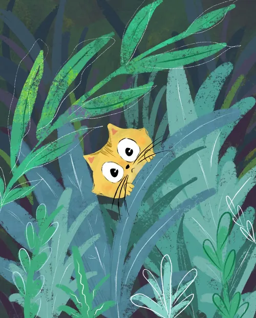 Gato asomándose entre el follaje verde por Dalia Awad
