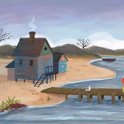 Child fishing on dock near lakeside house and lighthouse by Dalia Awad