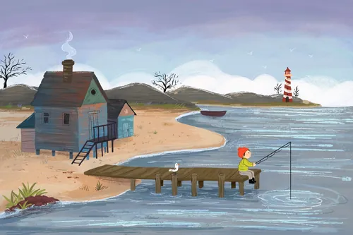 Niño pescando en el muelle cerca de una casa junto al lago y un faro por Dalia Awad