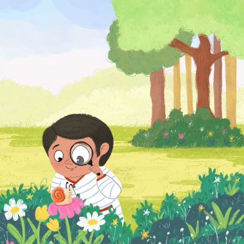 Child examining a snail on a flower with magnifying glass by Dalia Awad