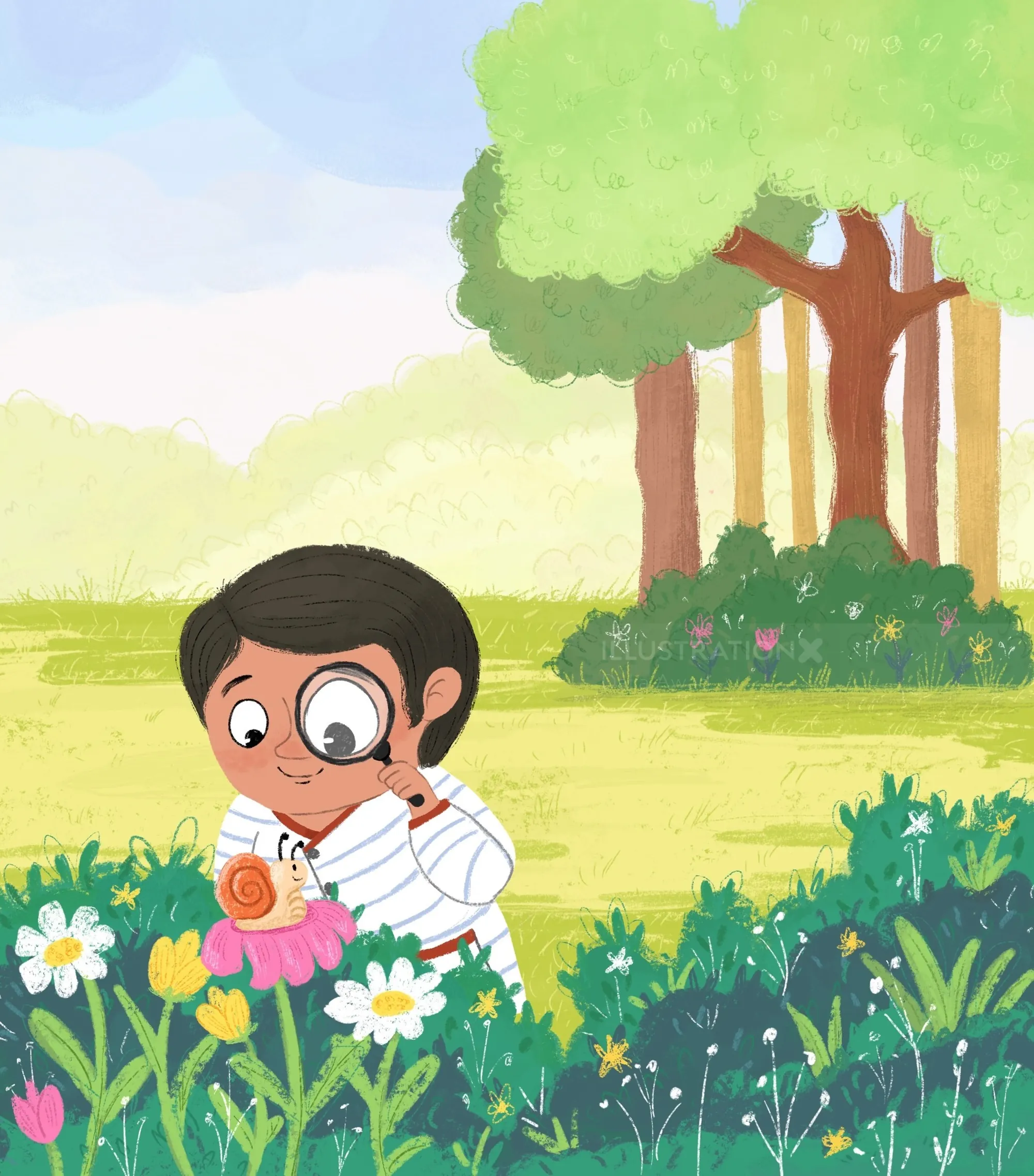 Child examining a snail on a flower with magnifying glass by Dalia Awad