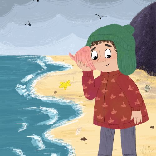 Child holding and listening to a seashell on a beach by Dalia Awad