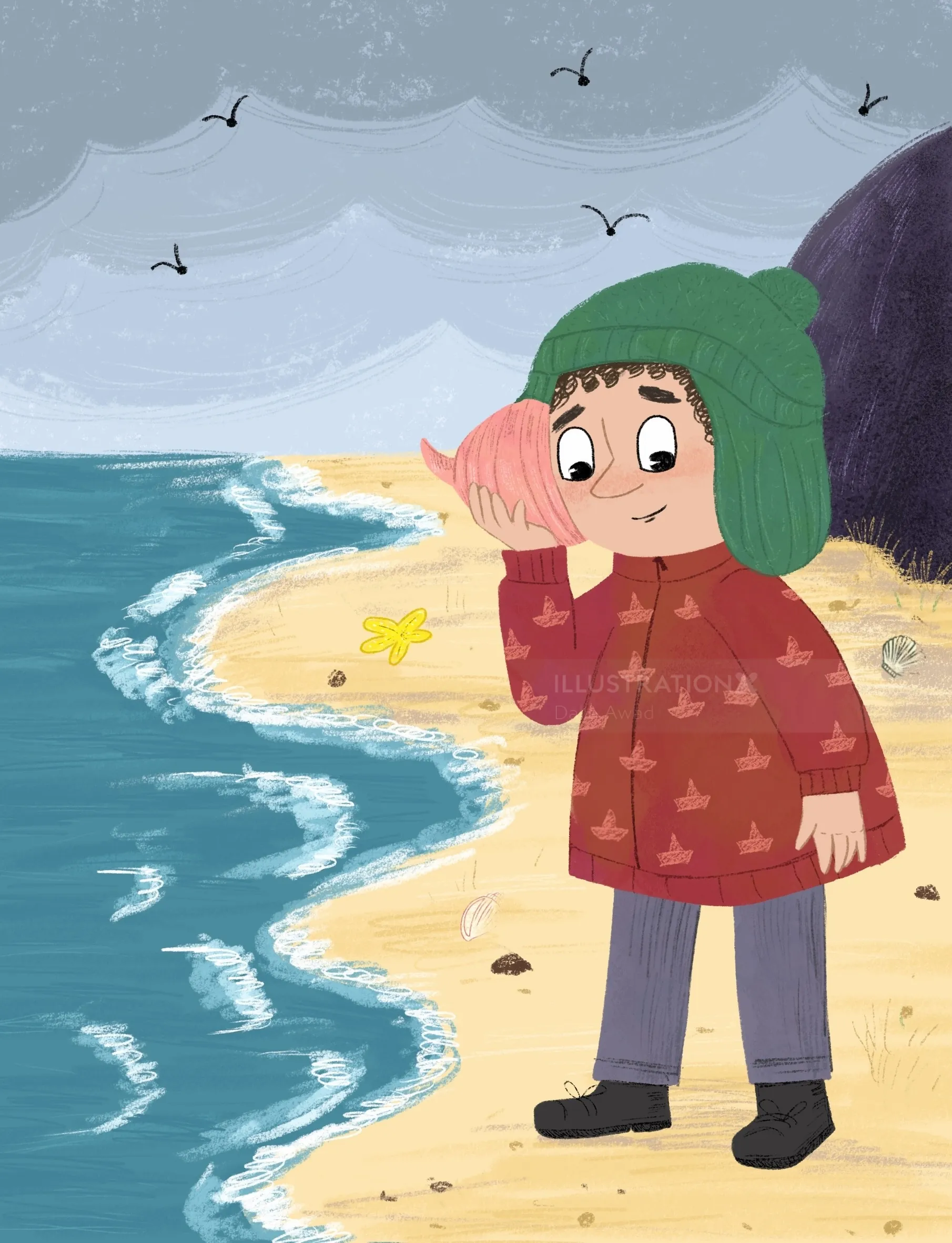 Child holding and listening to a seashell on a beach by Dalia Awad