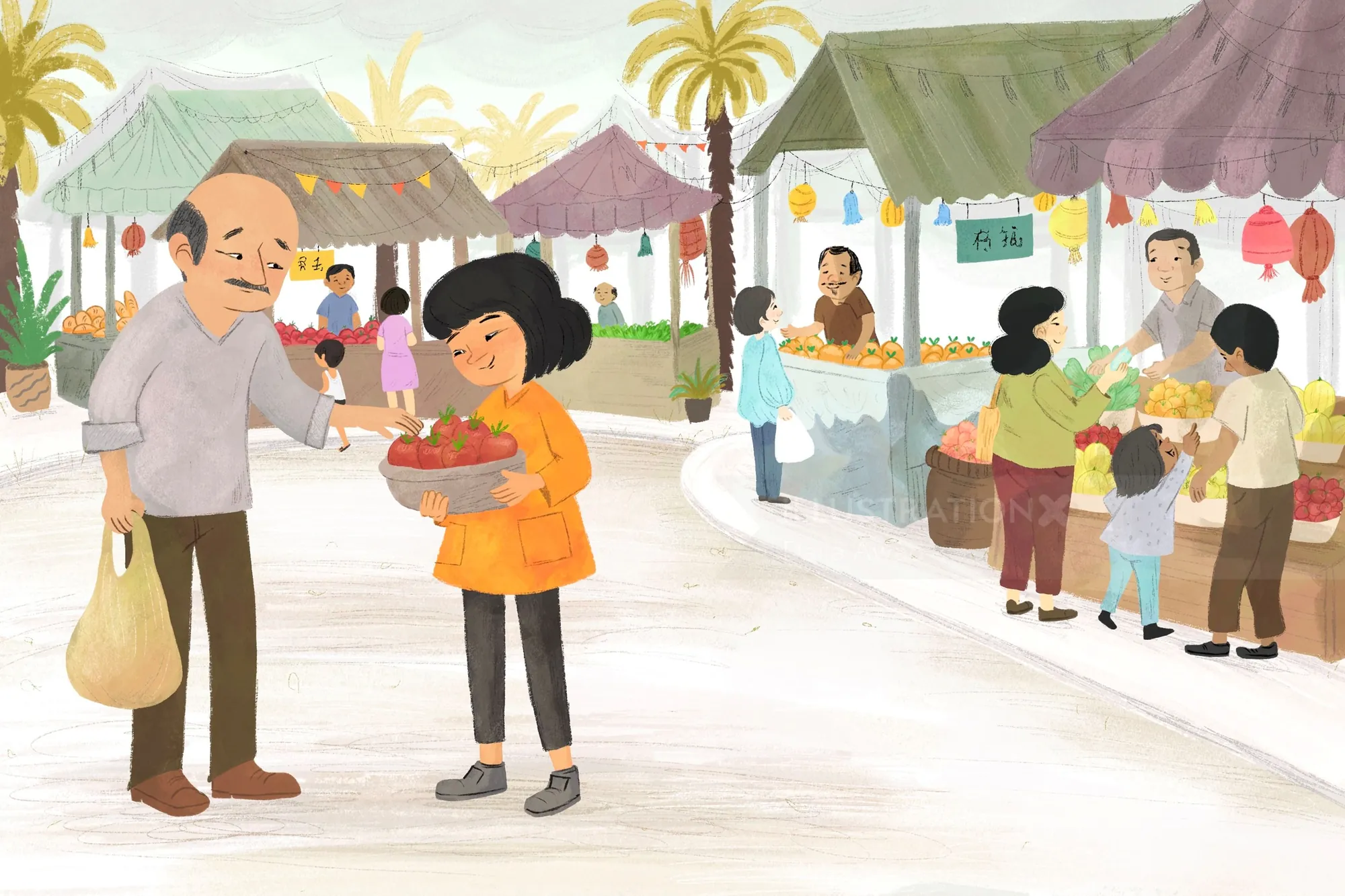 Outdoor market scene with people shopping and colorful stalls by Dalia Awad