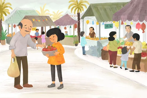 Outdoor market scene with people shopping and colorful stalls by Dalia Awad