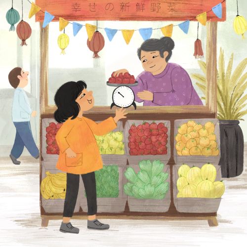 Woman buying fruit at a market stand from vendor by Dalia Awad