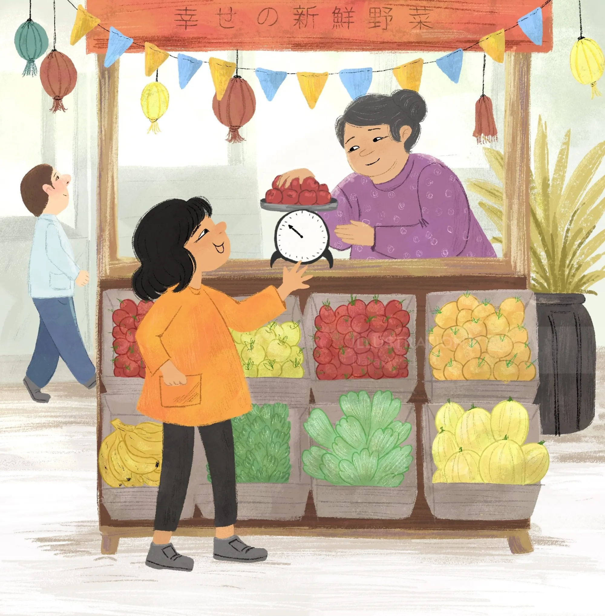 Mujer comprando fruta en un puesto de mercado a un vendedor por Dalia Awad
