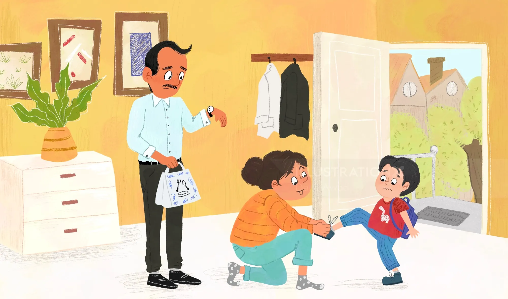 Ilustración de un padre observando a su hijo despidiéndose con la mano al salir de casa por Dalia Awad