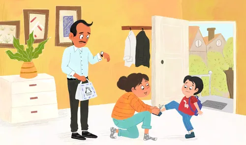 Ilustración de un padre observando a su hijo despidiéndose con la mano al salir de casa por Dalia Awad