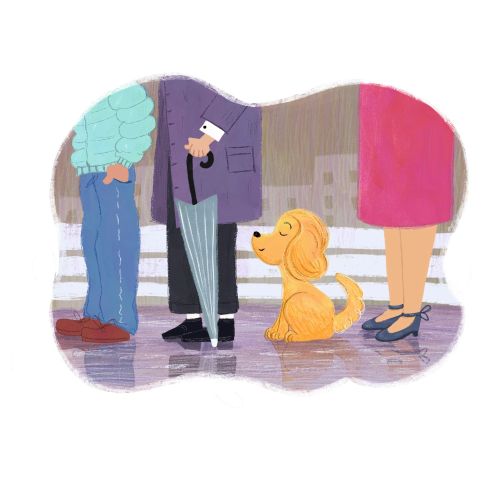 Illustration of a small dog sitting between three people's legs by Dalia Awad