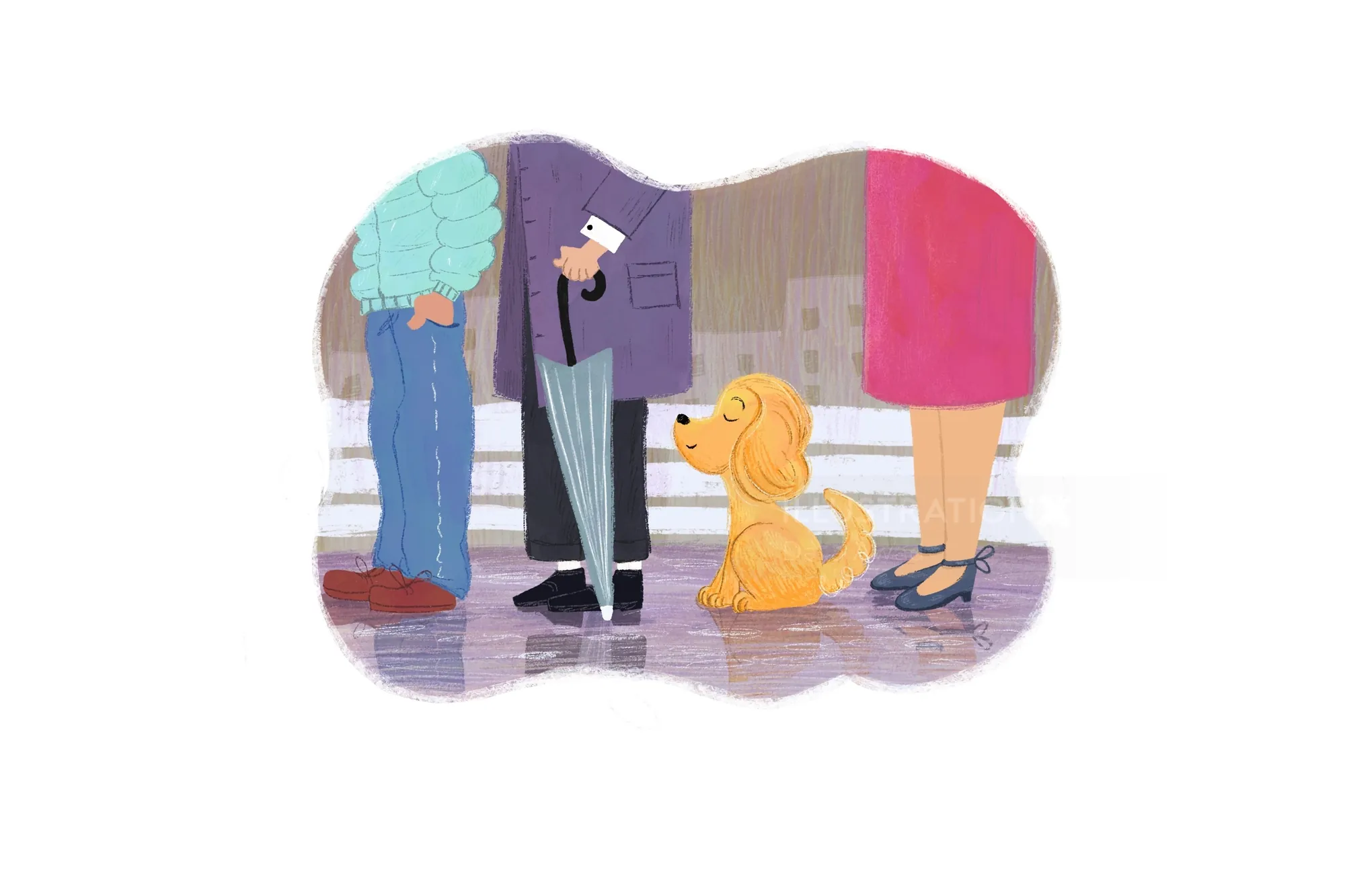 Illustration of a small dog sitting between three people's legs by Dalia Awad