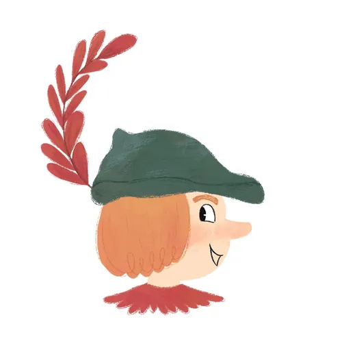 Smiling cartoon character with green hat and red leaf by Dalia Awad