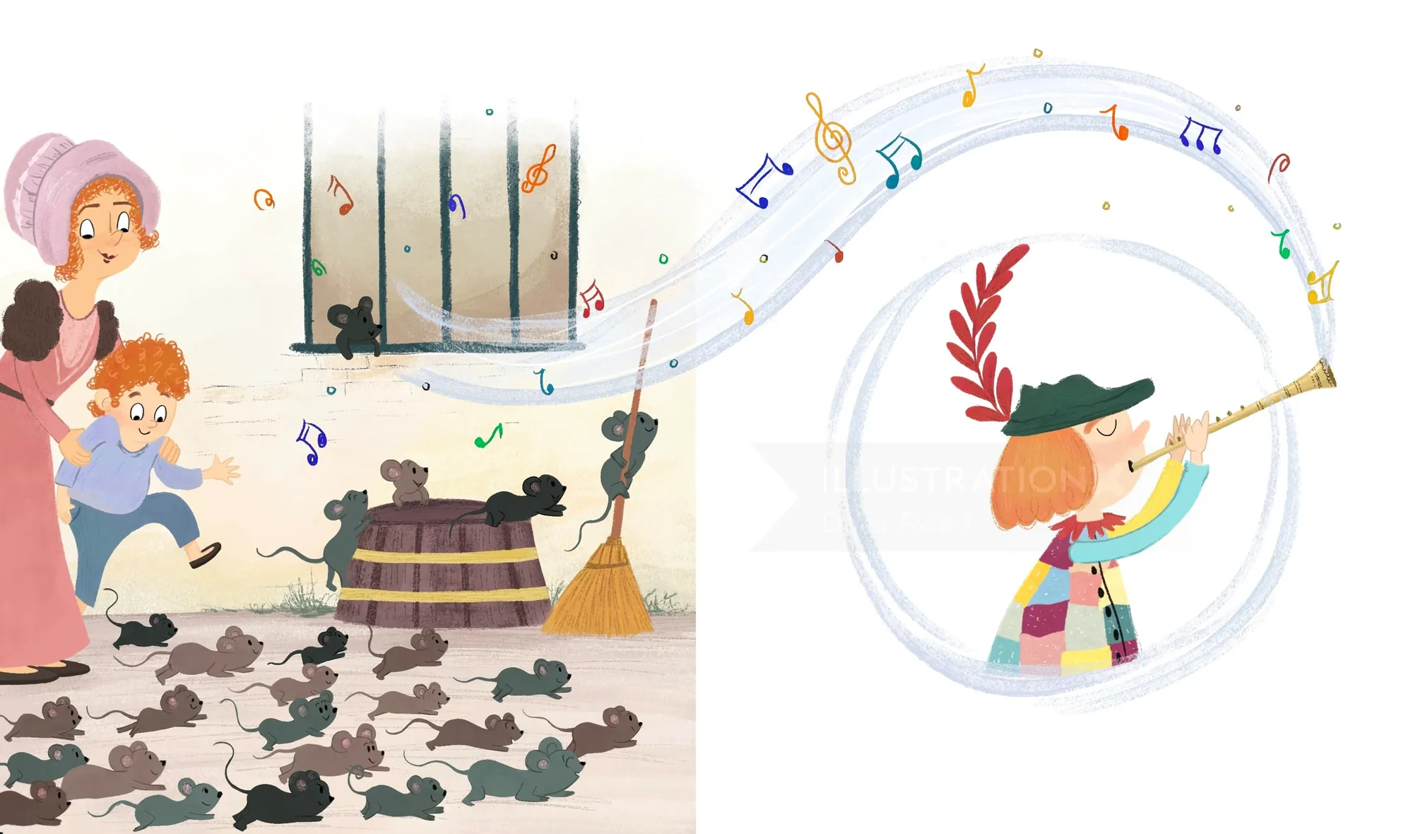 Child playing flute surrounded by mice with a watching woman by Dalia Awad