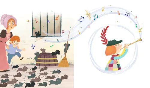 Child playing flute surrounded by mice with a watching woman by Dalia Awad