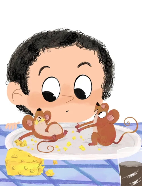 Child watching two mice eat cheese crumbs on a plate by Dalia Awad