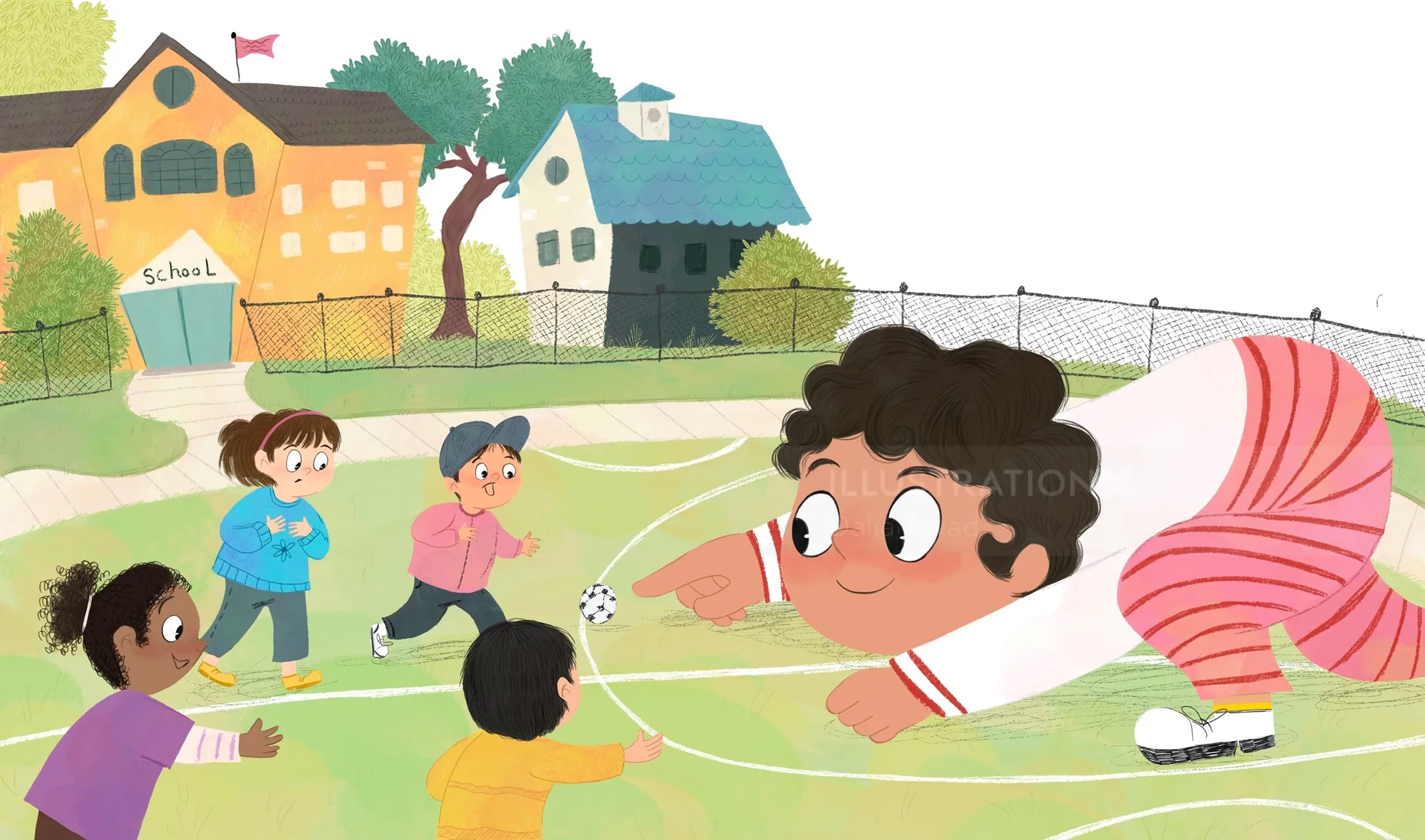 Children playing with teacher in schoolyard, by Dalia Awad