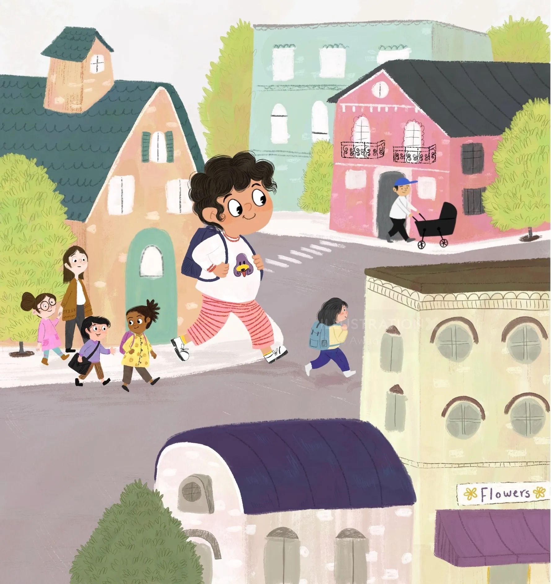 Children walking through a town with backpacks and colorful buildings by Dalia Awad