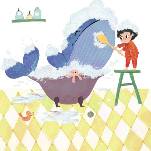 Child washing a whale in a bathtub with soap bubbles by Dalia Awad