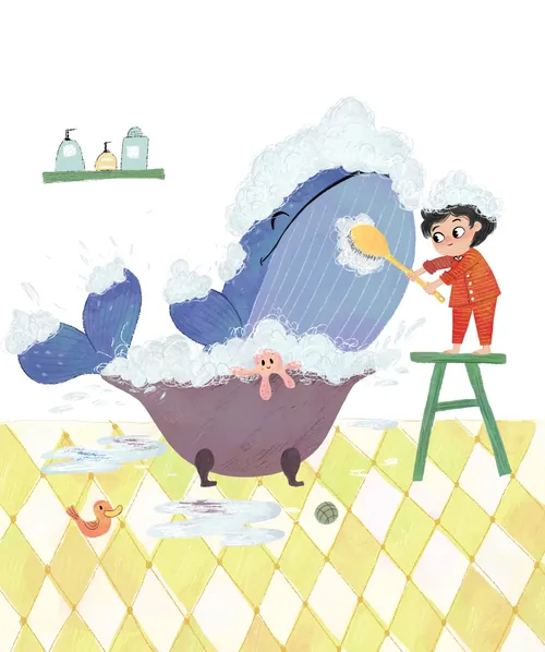 Child washing a whale in a bathtub with soap bubbles by Dalia Awad