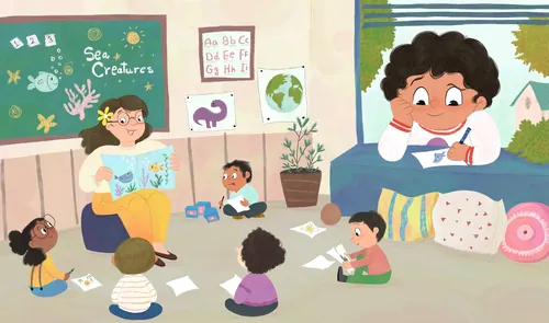Teacher reading storybook to toddlers in classroom by Dalia Awad