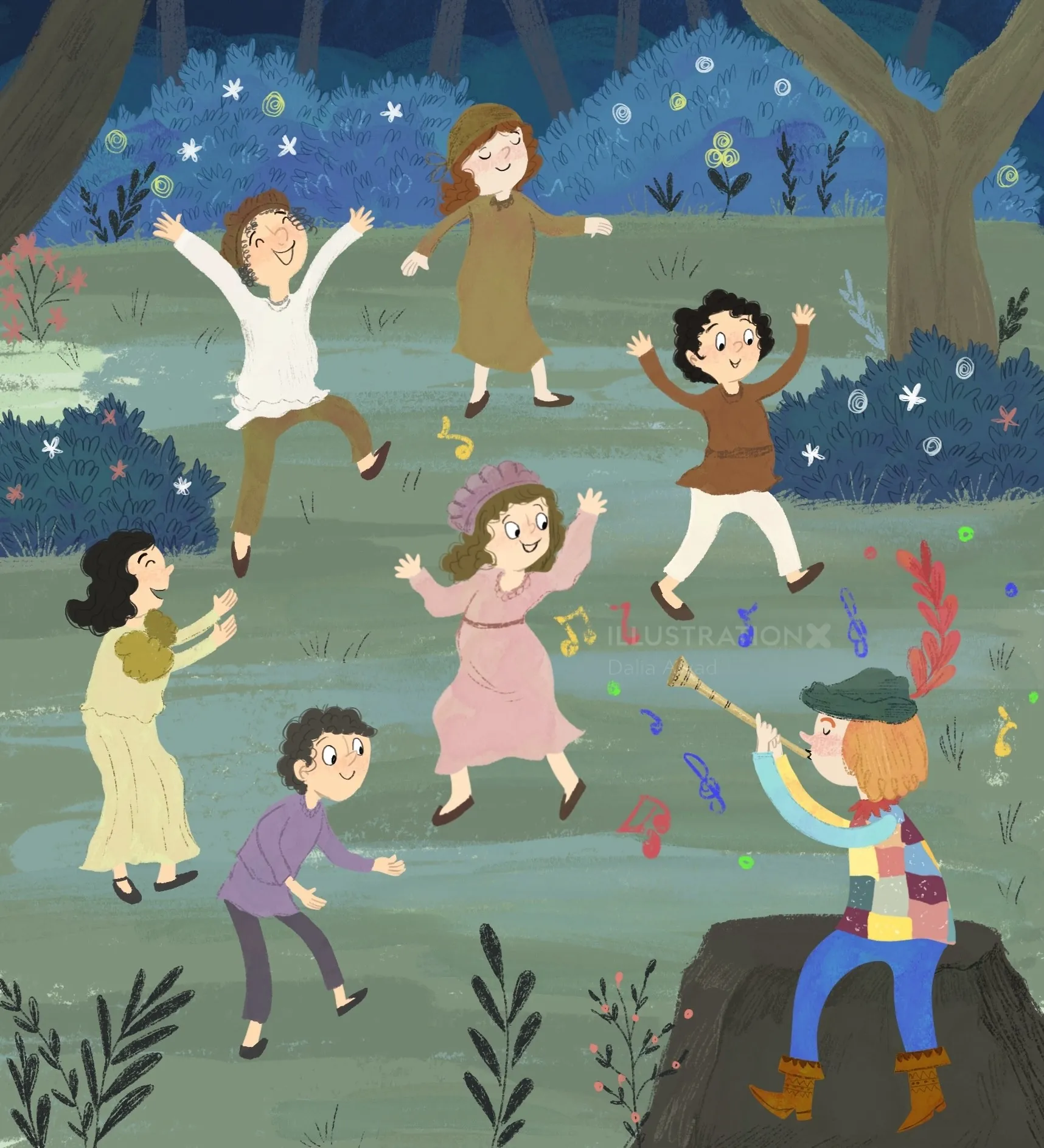 Niños bailando y tocando música alegremente al aire libre por Dalia Awad