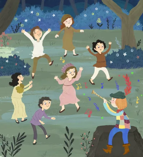 Children joyfully dancing and playing music outdoors by Dalia Awad