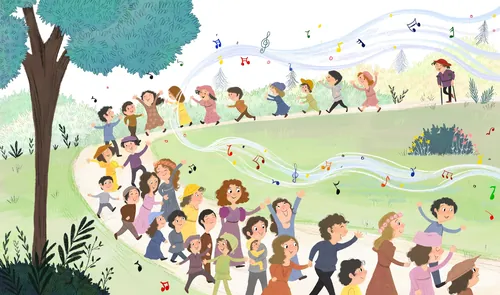 Children joyfully singing and dancing outdoors in a park by Dalia Awad