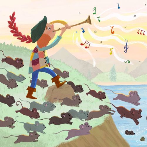 Boy playing horn to mice by a lake with village and mountains, artwork by Dalia Awad