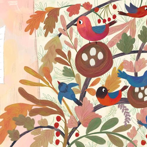 Girl watching birds in autumn tree scene by Dalia Awad