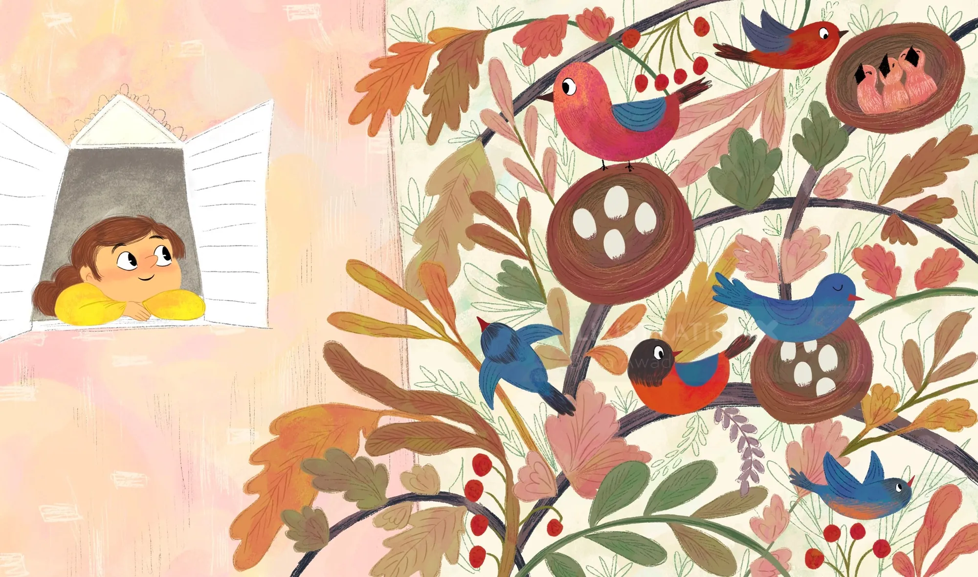 Niña observando pájaros en un árbol otoñal, escena de Dalia Awad