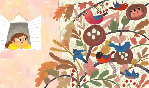 Girl watching birds in autumn tree scene by Dalia Awad