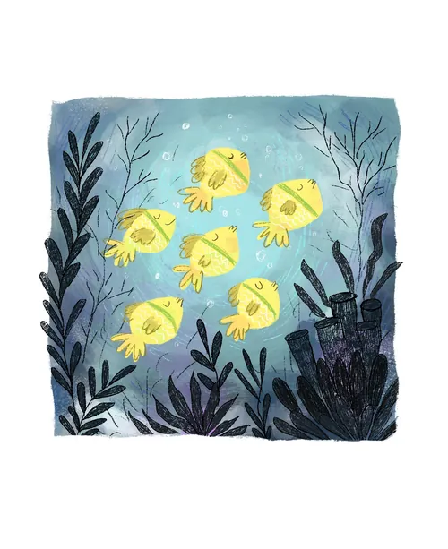 Yellow jellyfish swimming underwater with plants, artwork by Dalia Awad
