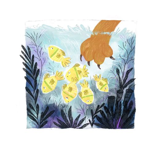 Underwater scene with yellow fish and a hand, artwork by Dalia Awad
