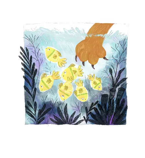 Underwater scene with yellow fish and a hand, artwork by Dalia Awad