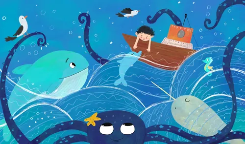 Child on boat surrounded by playful sea creatures and octopus by Dalia Awad