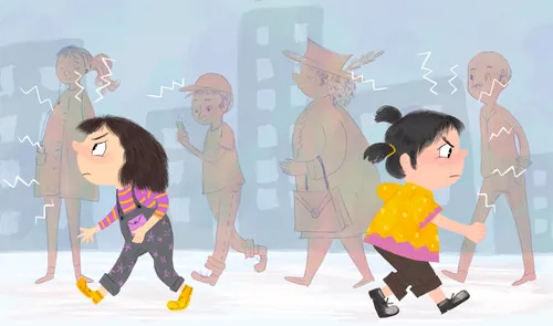 Anxious women walking with shadowy figures behind them by Dalia Awad