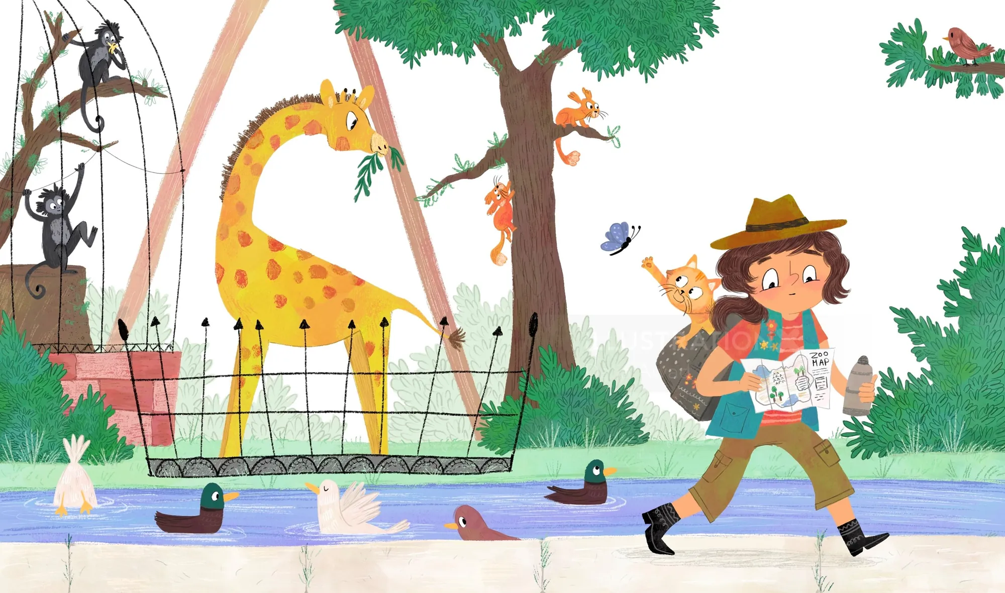 Kind als Entdecker verkleidet geht im Zoo an einer Giraffe vorbei, Kunstwerk von Dalia Awad