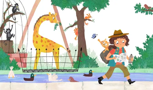 Child dressed as explorer walking past giraffe at zoo, artwork by Dalia Awad