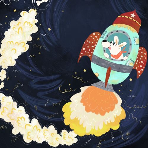 Cartoon dog flying a rocket ship in space by Dalia Awad