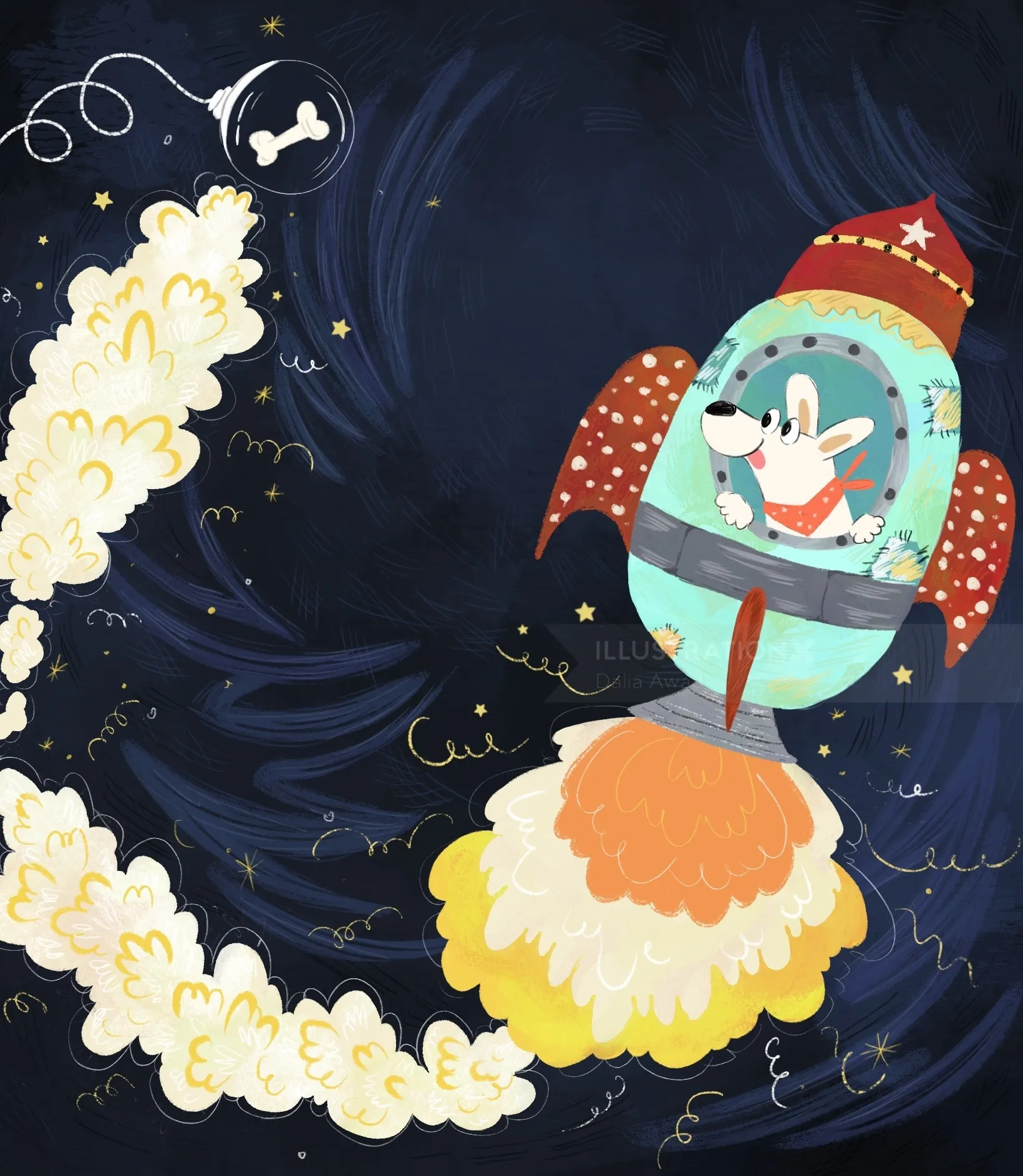 Cartoon dog flying a rocket ship in space by Dalia Awad