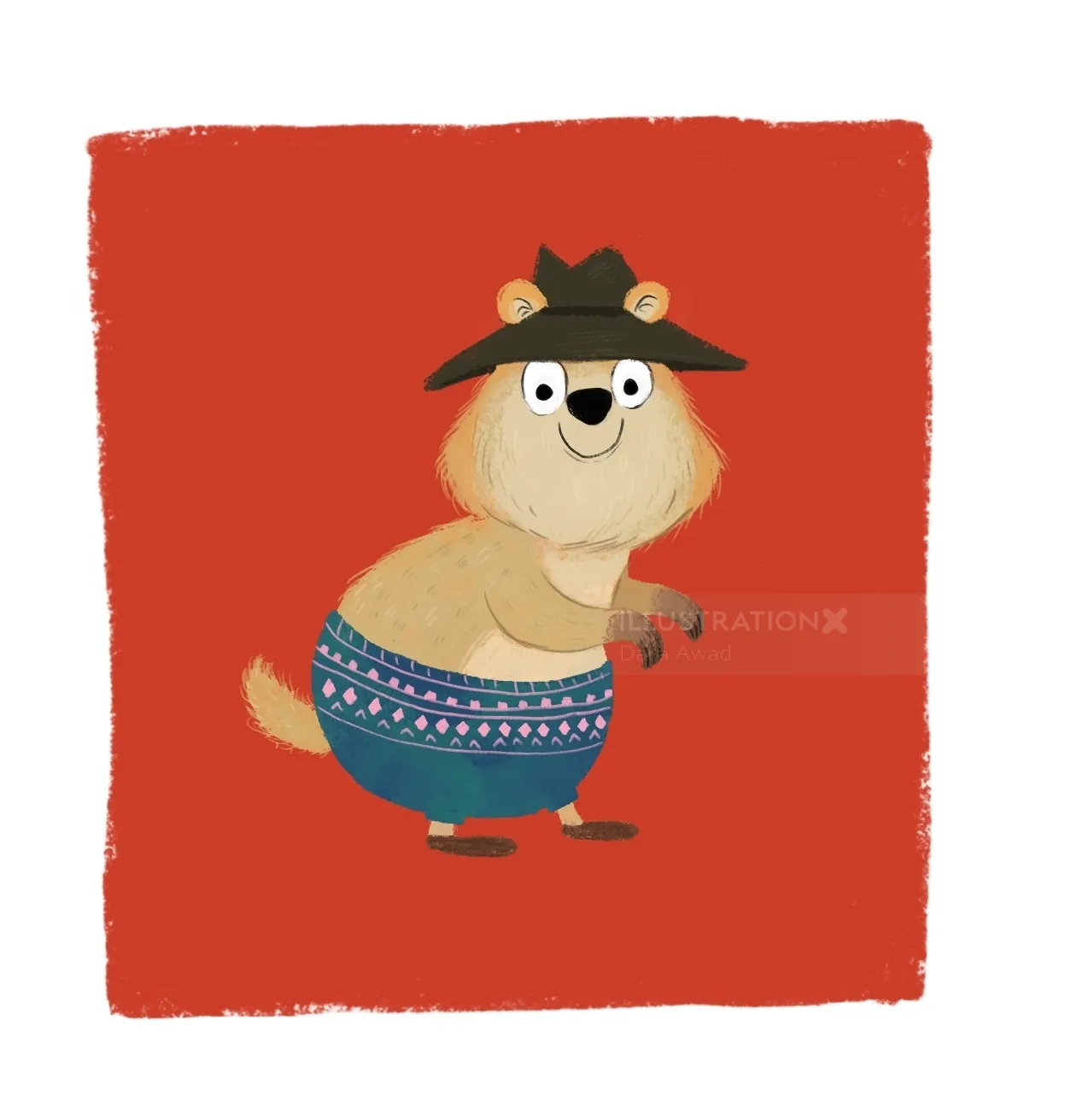 Smiling bear in sweater and hat illustration by Dalia Awad
