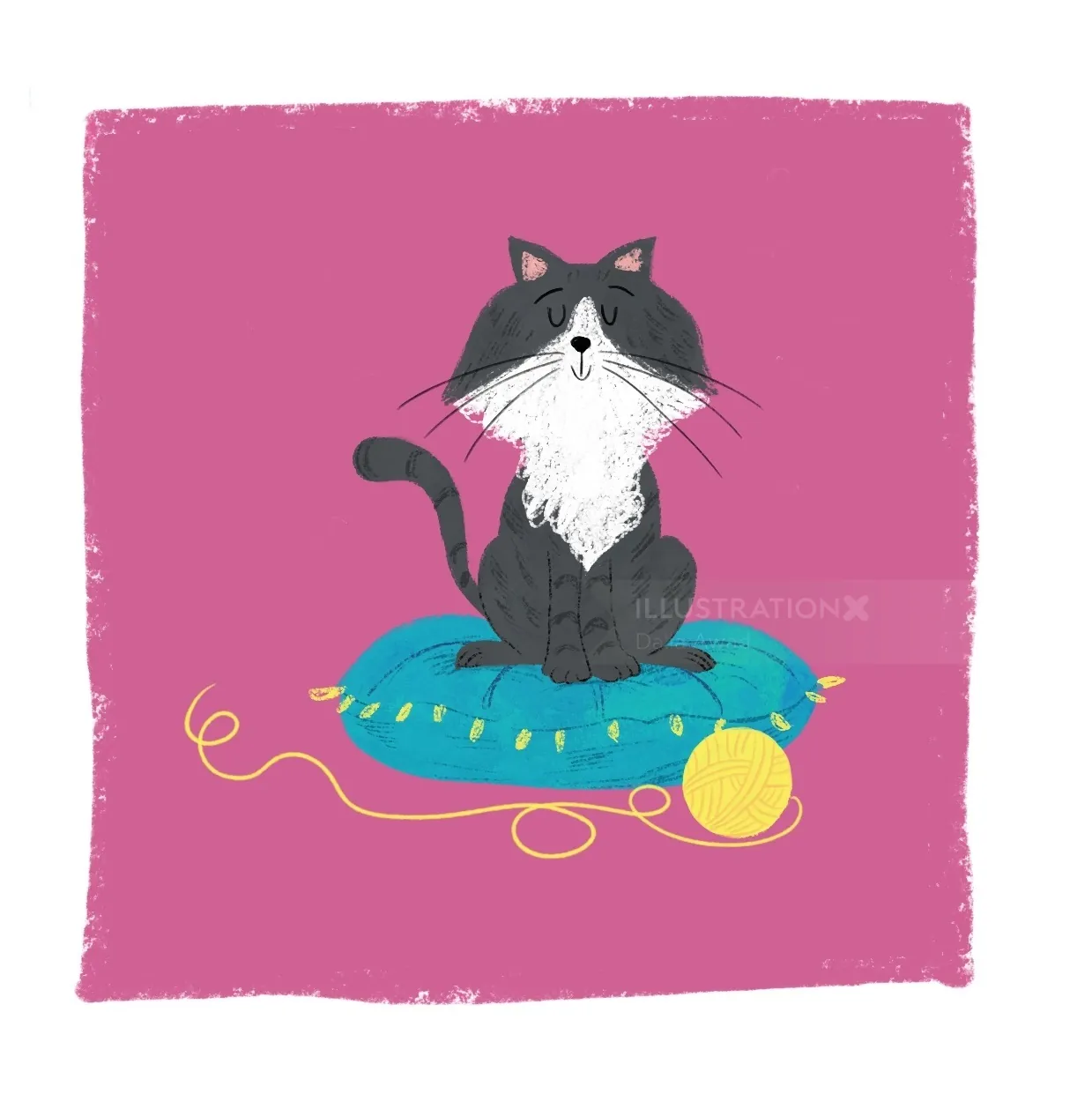 Black and white cat on blue cushion with yellow yarn by Dalia Awad