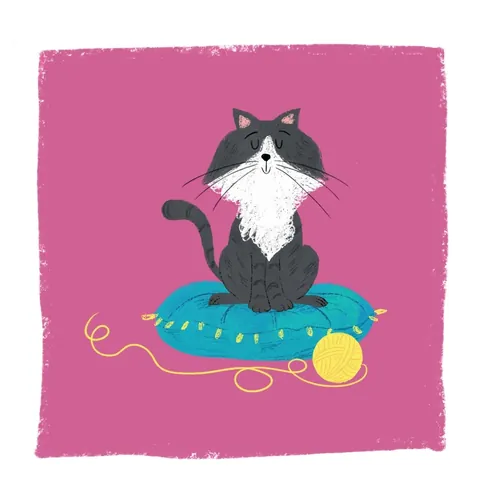 Black and white cat on blue cushion with yellow yarn by Dalia Awad