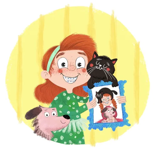 Ilustración colorida de una niña sosteniendo un gato y un perro por Dalia Awad