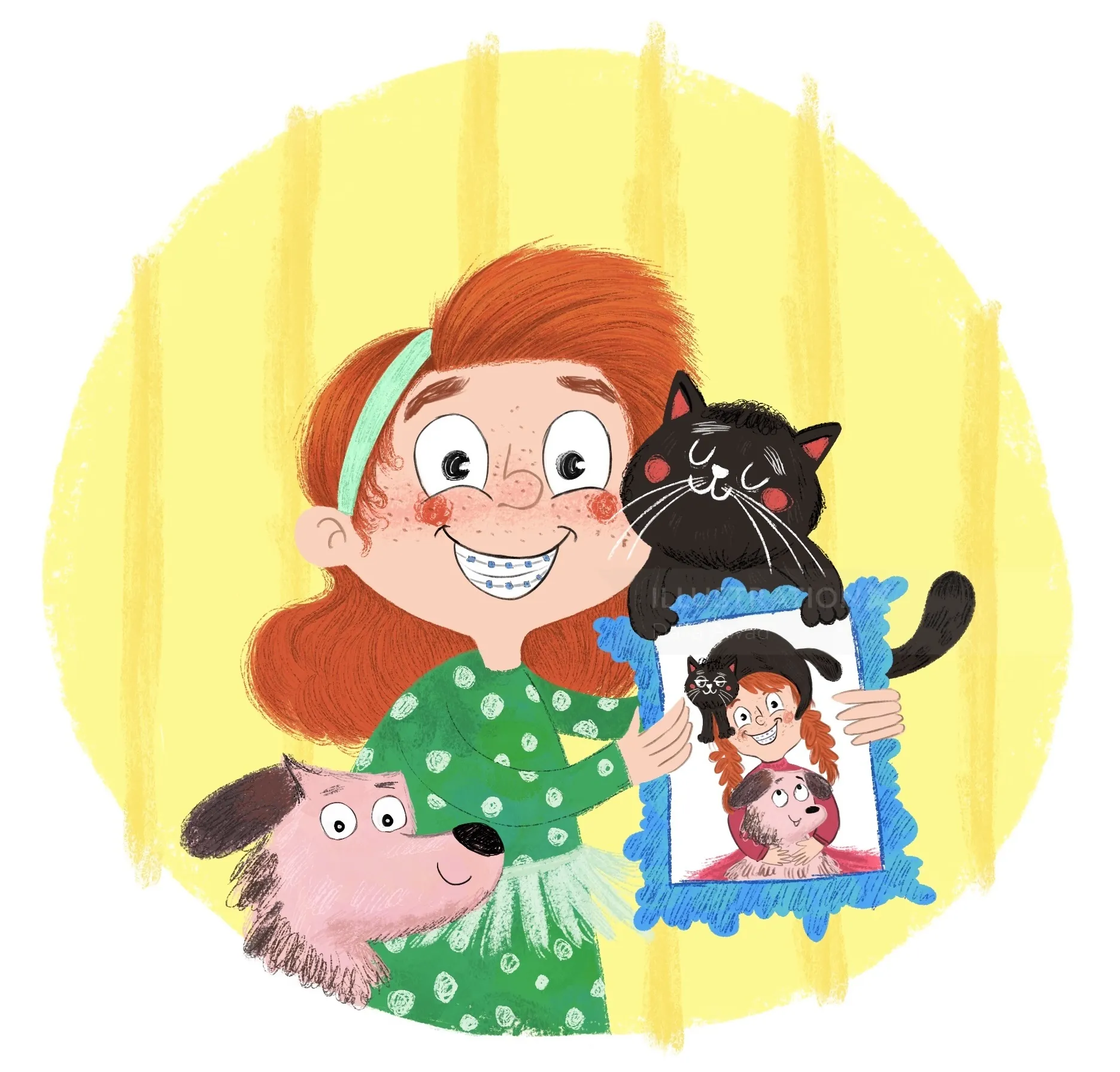 Smiling red-haired girl holding cat and framed portrait with dog by Dalia Awad